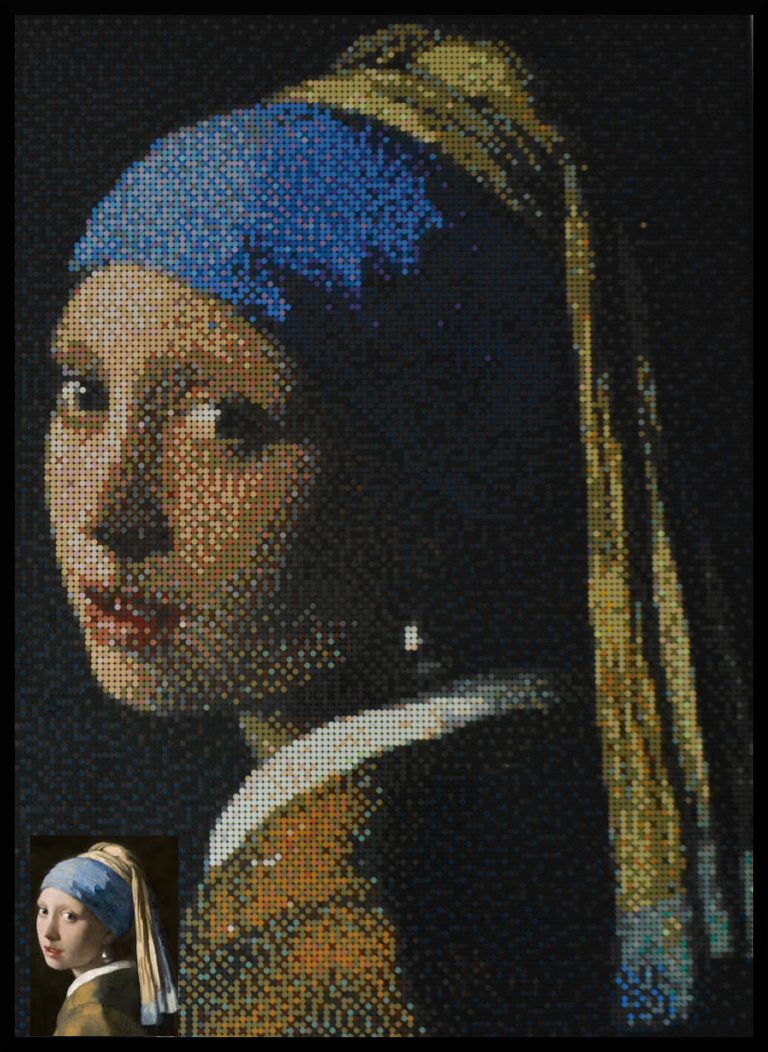 photographie + réalisation du portrait de la jeune fille à la perle réalisée en briques